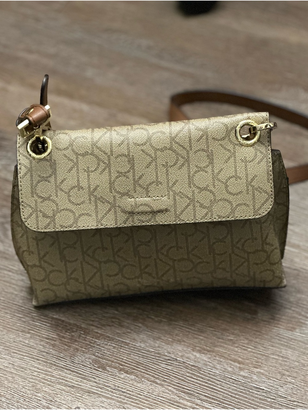 Calvin Klein Olive Logo Crossbody with Gold Hardware